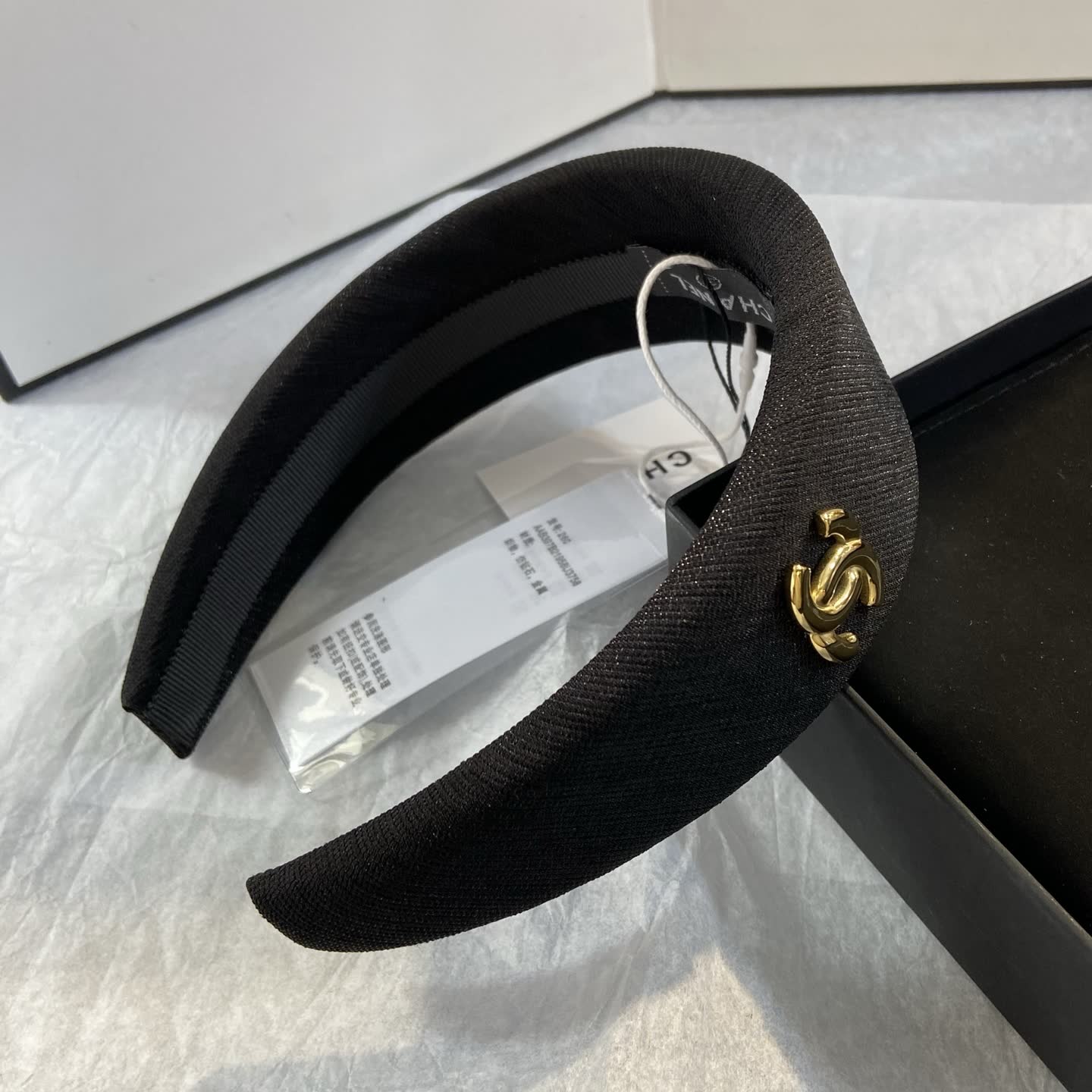 Chanel Black Satin Headband with Gold Logo